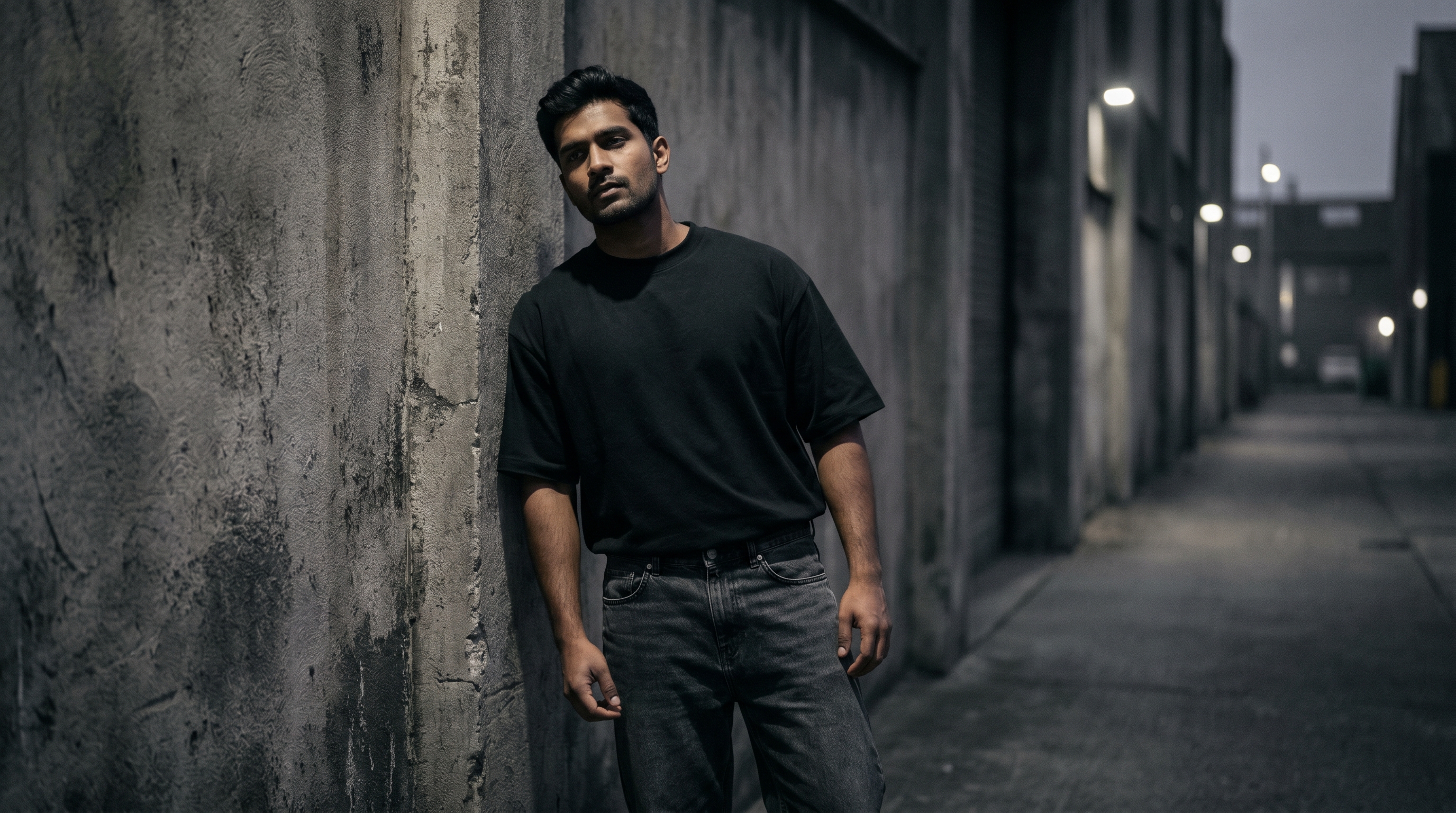 Model in plain black crew tee